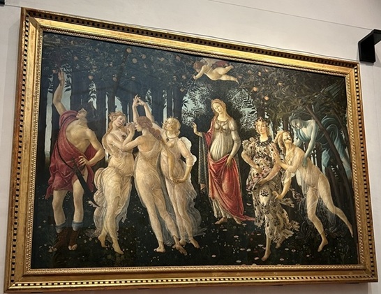 ウフィーツィ美術館のボッティチェリ「プリマヴェーラ」、花咲く春を描いたルネッサンス絵画の傑作。