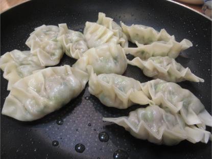 テフロン加工のフライパンに並べられ、底面に焼き色をつけながら蒸し焼きにされている途中の餃子